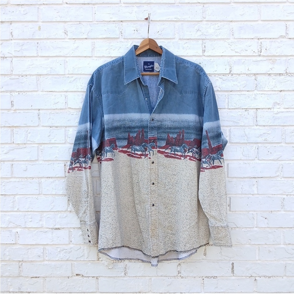 Vintage 90s wrangler pearl snap horse western red rocks cowboy button down top